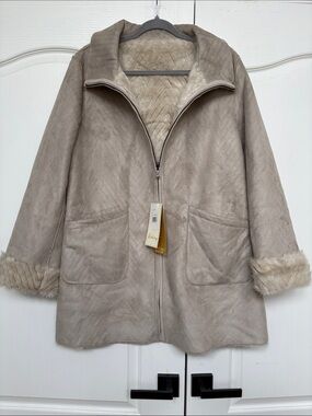 Weatherproof Taupe Faux-Suede Teddy Jacket with Faux-Fur Trim